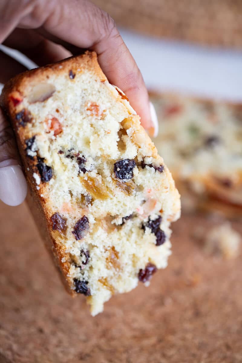Close up of a slice of cake in hand.