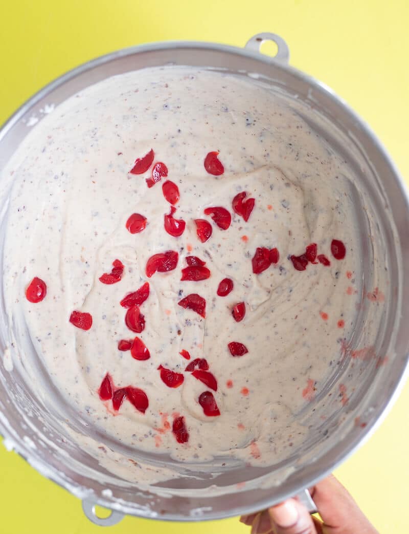 Chopped red cherries folded into creamy Black Cake Ice Cream mixture.