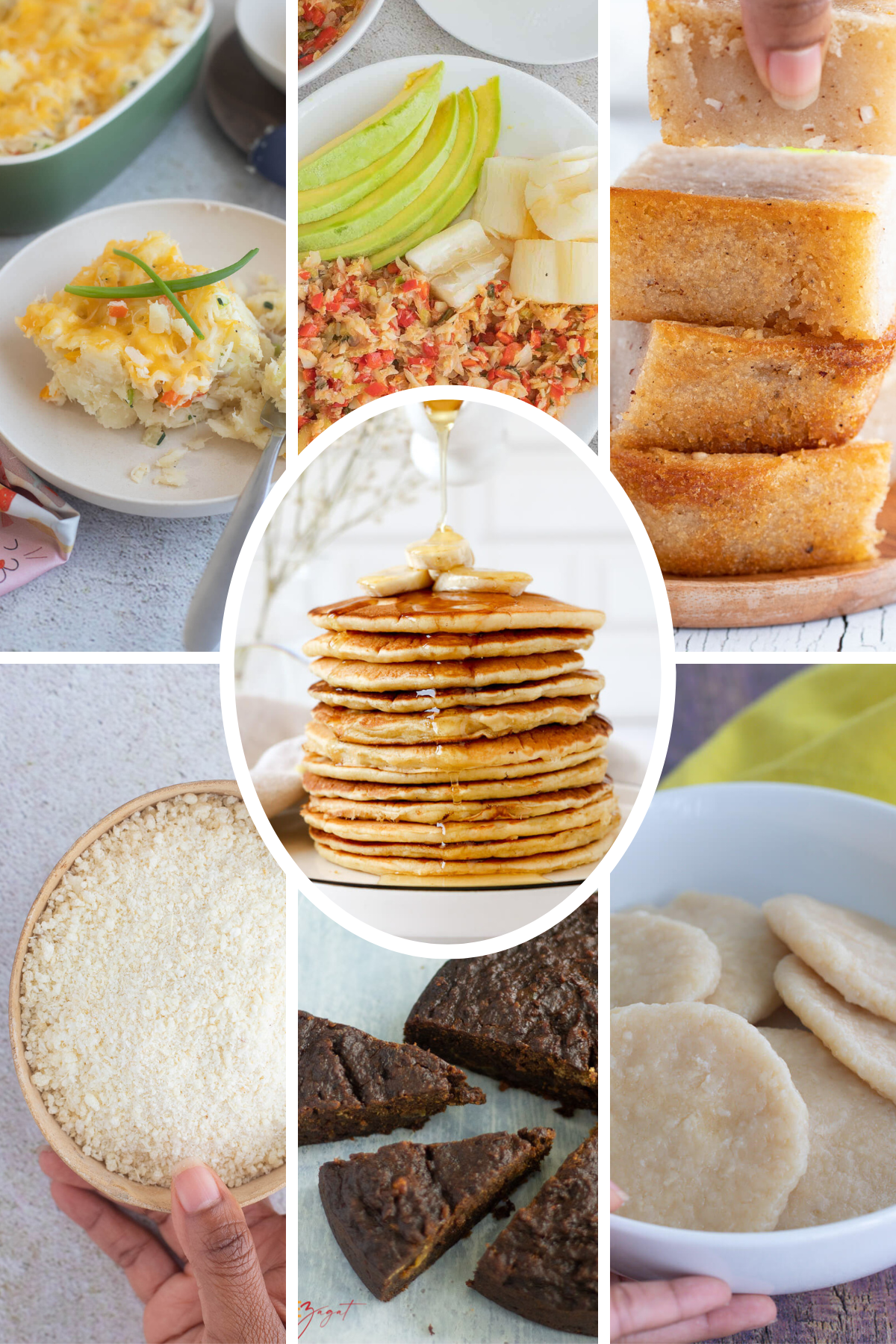 Collage of Caribbean cassava recipes including pone, cassava black cake, and cassava pie.
