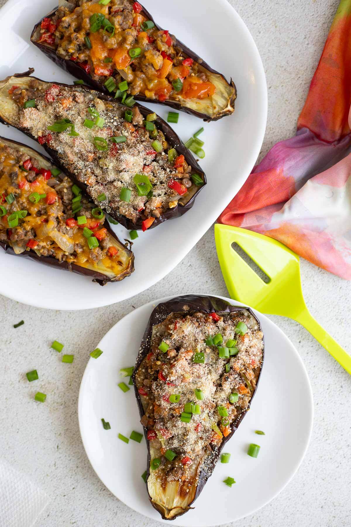 Caribbean baked stuffed eggplant with meat and veggie filling options