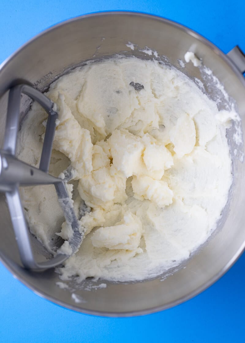 Creamed margarine and sugar mixture in a mixing bowl