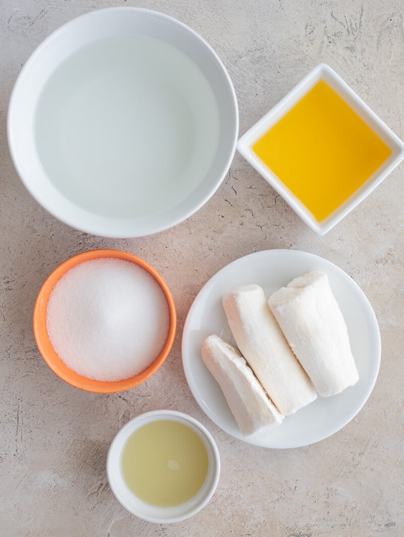 Ingredients for drink including cassava, passion fruit juice, lime juice, sugar, and water