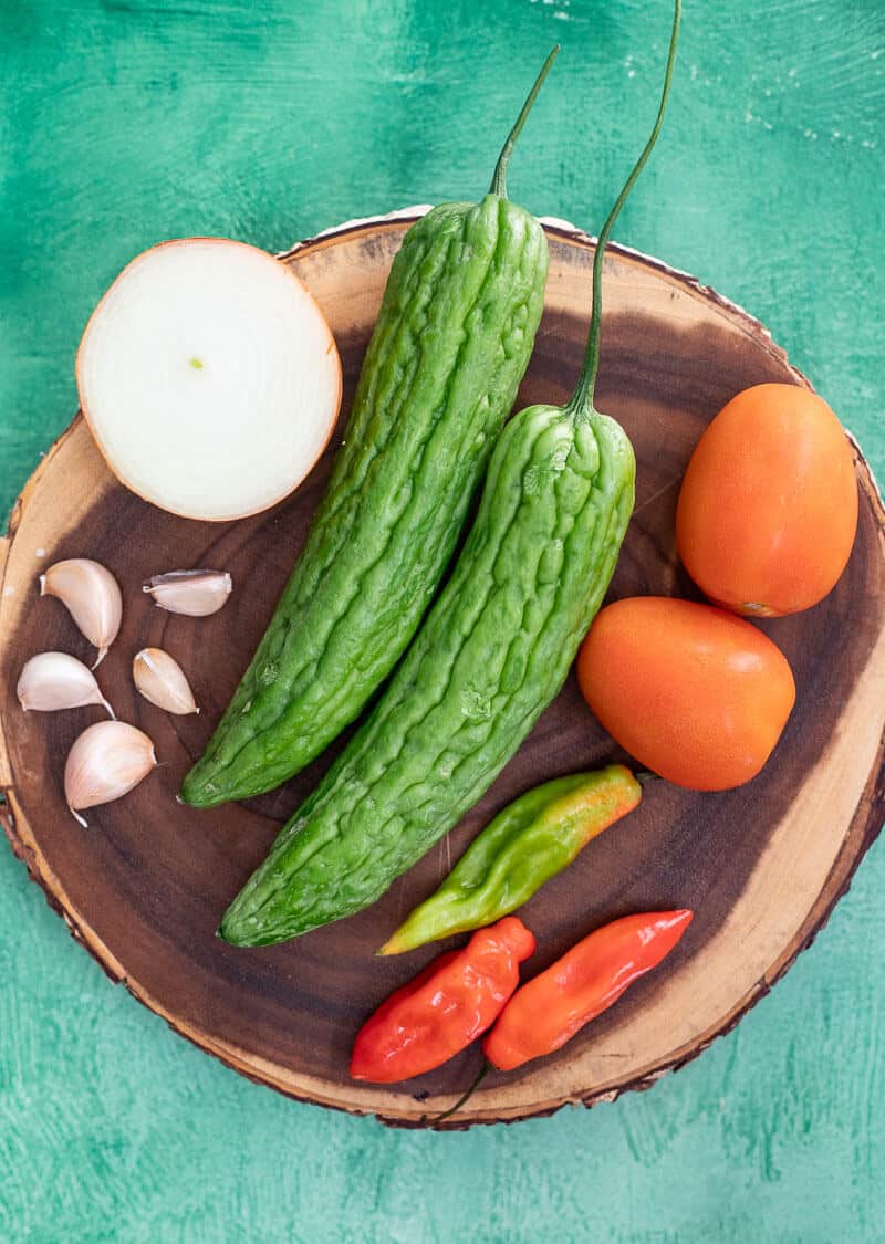 bitter melon onion garlic tomato and pimento peppers for fried caraille