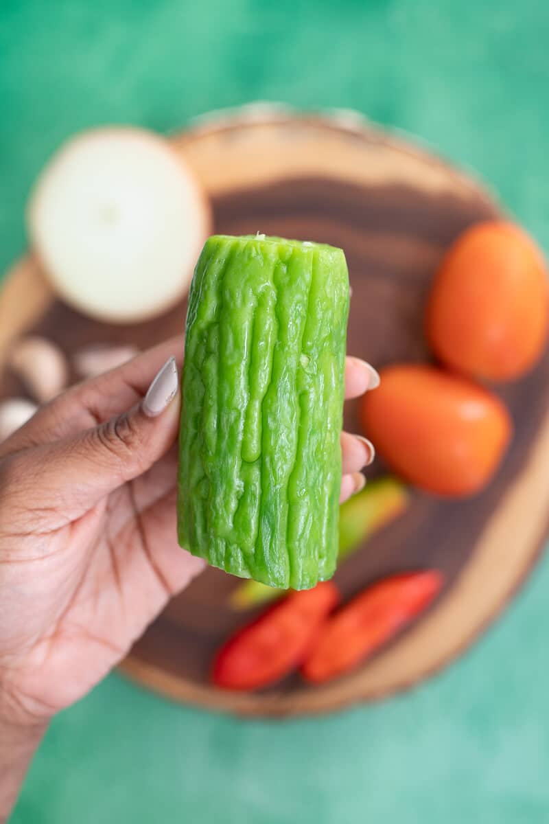 bitter melon cut into a log.