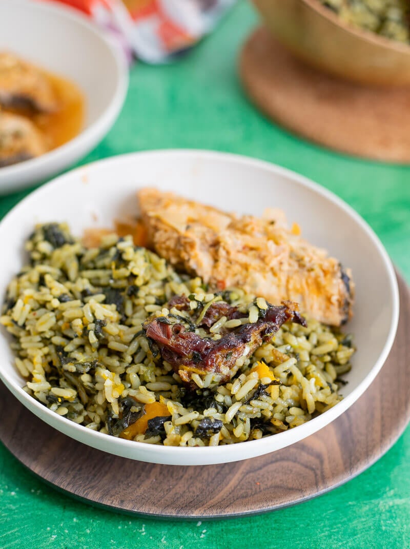 Close up of bhaji rice with pumpkin and smoked meat