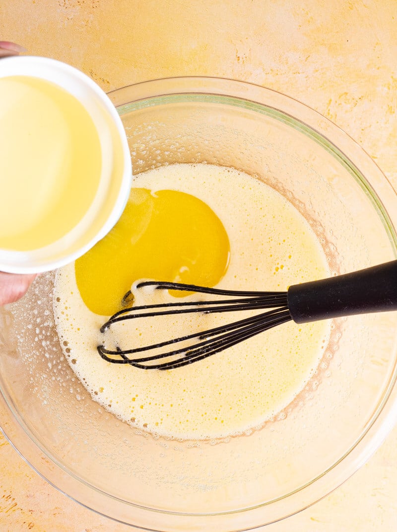 Adding oil to wet ingredients while making batter