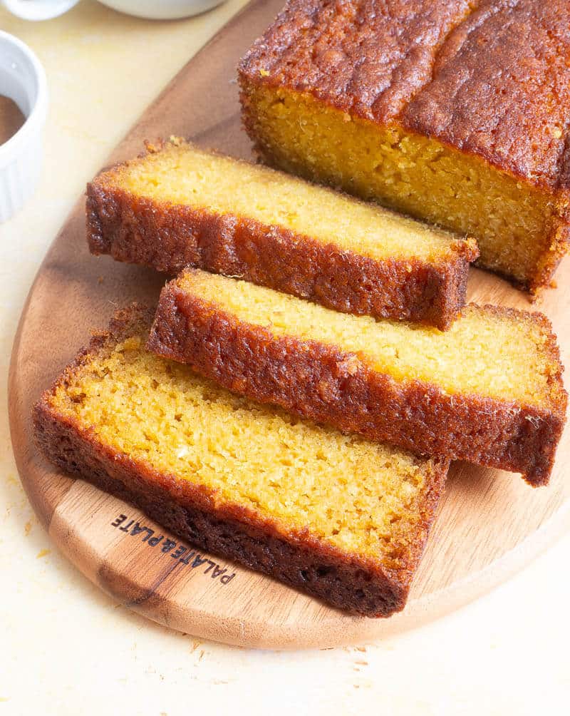 Close up of moist mango bread slices showing soft texture