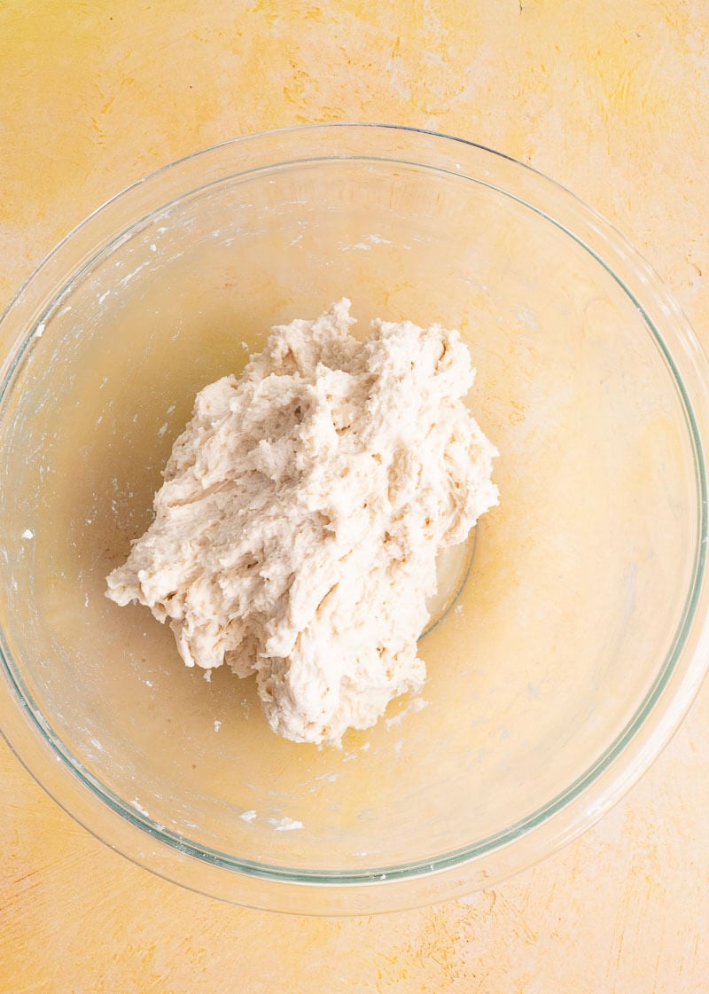 Sticky dough just mixed before kneading