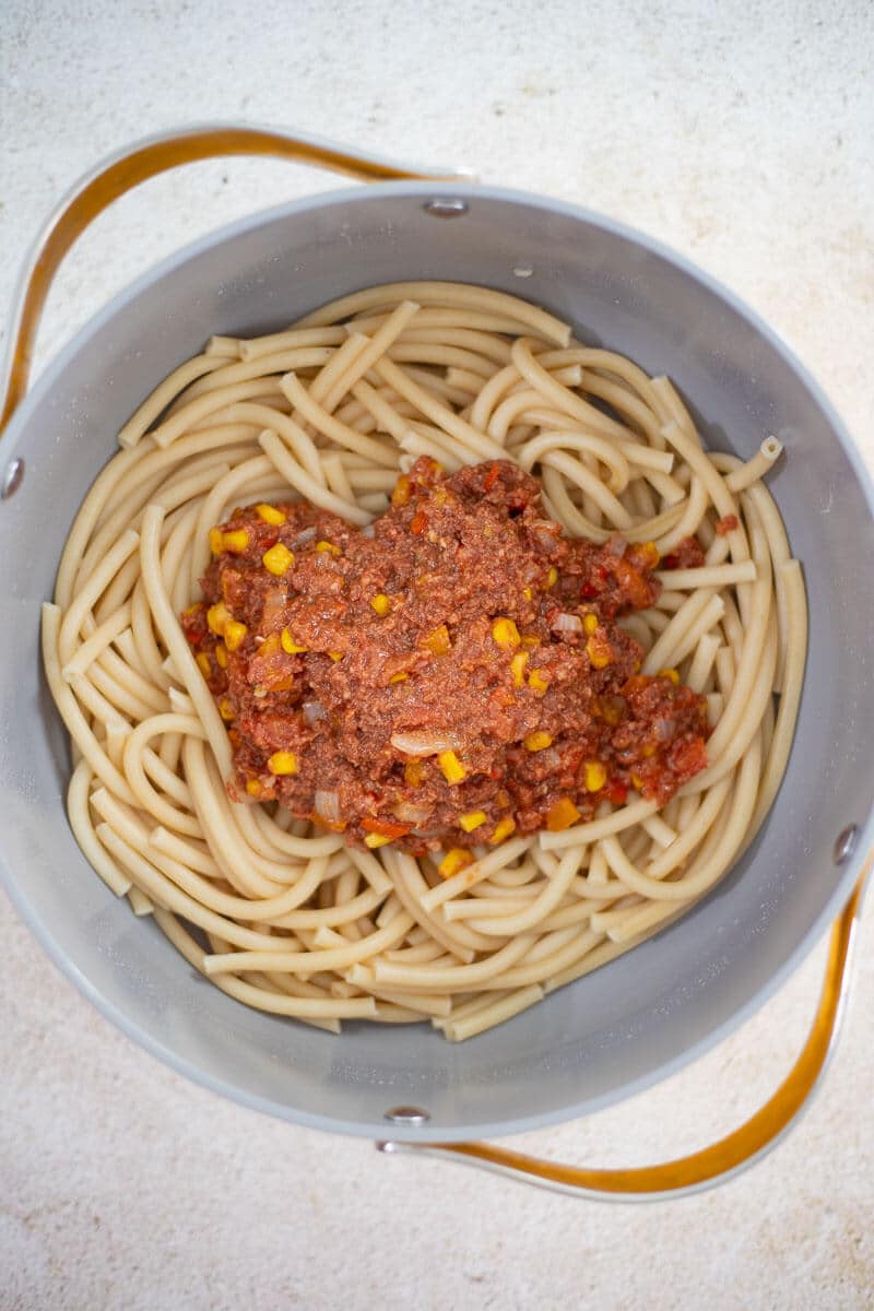Corned beef mixture added to cooked macaroni before combining